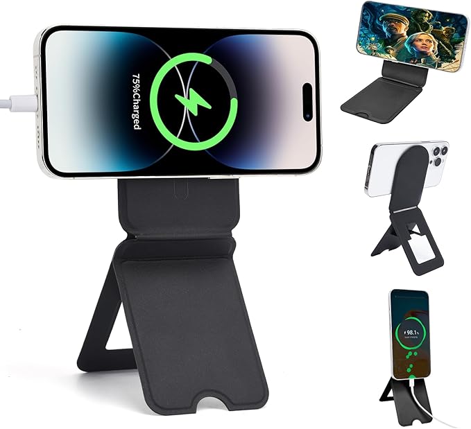 Phone Stand, Magnetic Phone Tripod, Foldable Cell Phone Tripods Stain-Resistant Leather & Angle Adjustment, Multifuctional Strong Magnets Tripod for iPhone 16/15/14/13/12 -Black