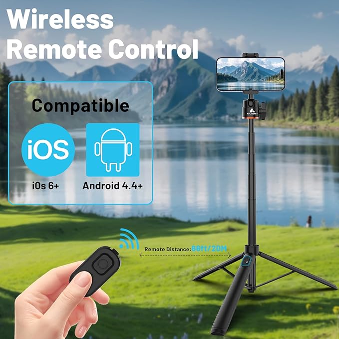 Ailight 60" Extendable Travel Tripod & Selfie Stick with Cold Shoe & Wireless Remote, 360° Ball Head for Vlogging - Lightweight Phone Tripod for iPhone