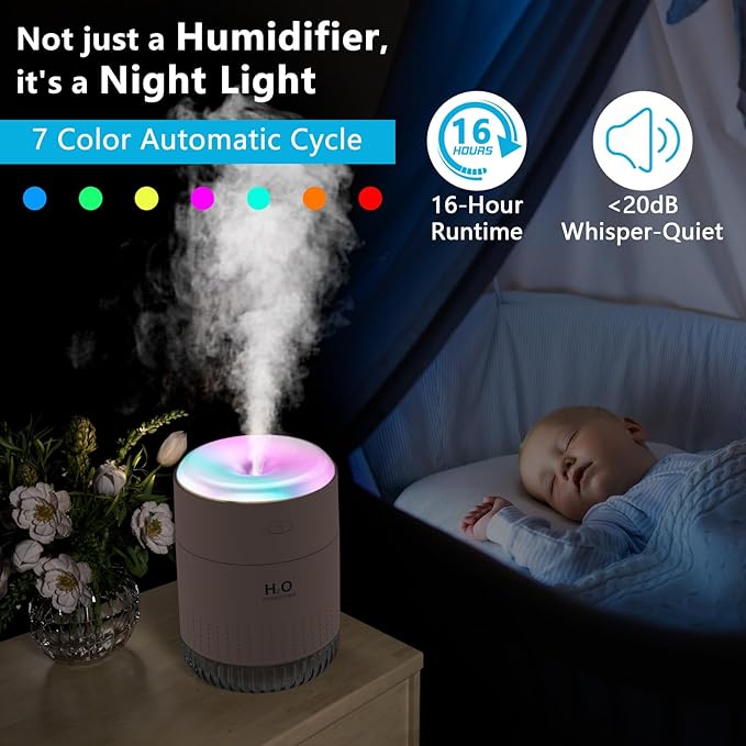 Colorful Mini Humidifier, USB Rechargeable Humidifier, small humidifier, 4 Modes Super Quiet, Humidifiers For Bedroom,Suitable For Travel Office Family Baby Bedroom-Soft Pink