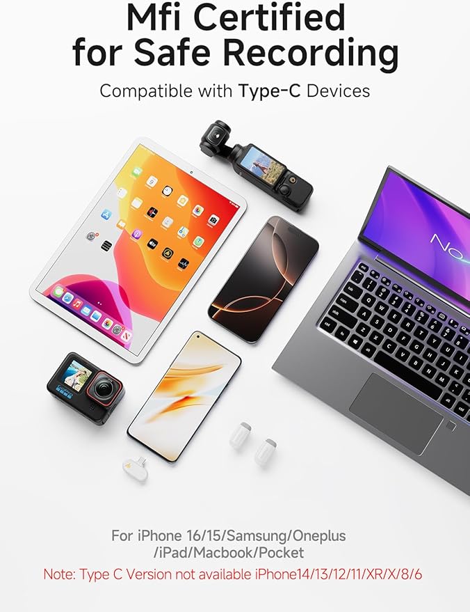 MAONO Wave T1 Mini Wireless Lavalier Microphone for iPhone 16 15, Android, Tablet, PC, Clip on Lapel Mic with USB-C Plug, Noise Cancellation, AI Voice Filter for Video Recording Vlog TikTok-White