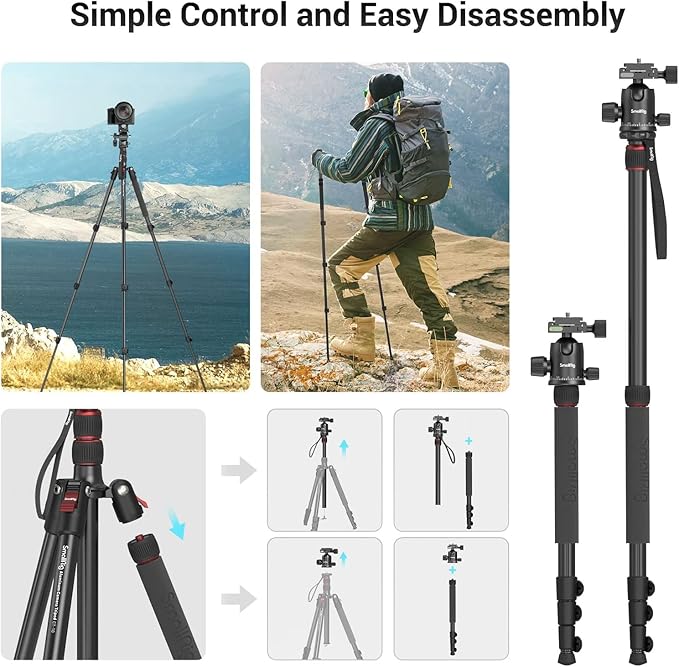 SmallRig Camera Tripod, 71" Foldable Aluminum Tripod/Monopod, 360°Ball Head Detachable, Payload 33lb, Adjustable Height from 16" to 71" for Camera, Phone