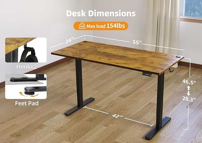 Seang Standing Desk with Adjustable Height, 55x24 Inch Electric Stand Up Desk for Home Office, Studio, Computer Workstation, Rustic Brown Top