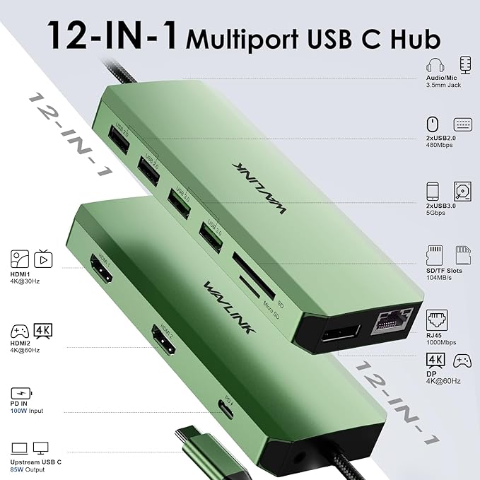 WAVLINK USB C Docking Station Dual Monitor, USB Type C Hub Triple Display, USB C to 2 HDMI,DisplayPort, PD Charging, Ethernet, 5 USB, SD/TF Read, Audio for MacBook Dell HP Lenovo Surface, Green