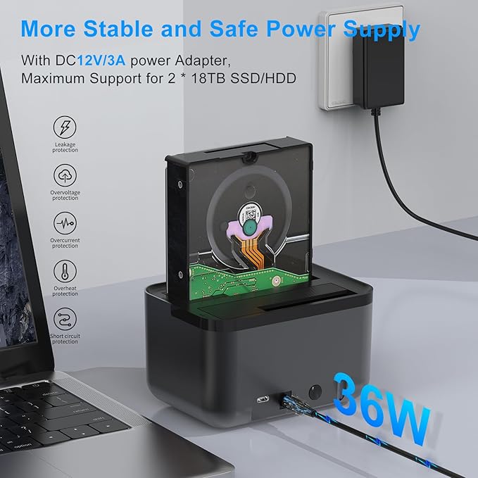 GODO Hard Drive Docking Station to USB 3.0 Type C,Dual Bay Hard Drive Dock for SATA 2.5/3.5 inch HDDs/SSDs with LED Indicator,Support Offline Clone/Duplicator 2 * 18TB Black