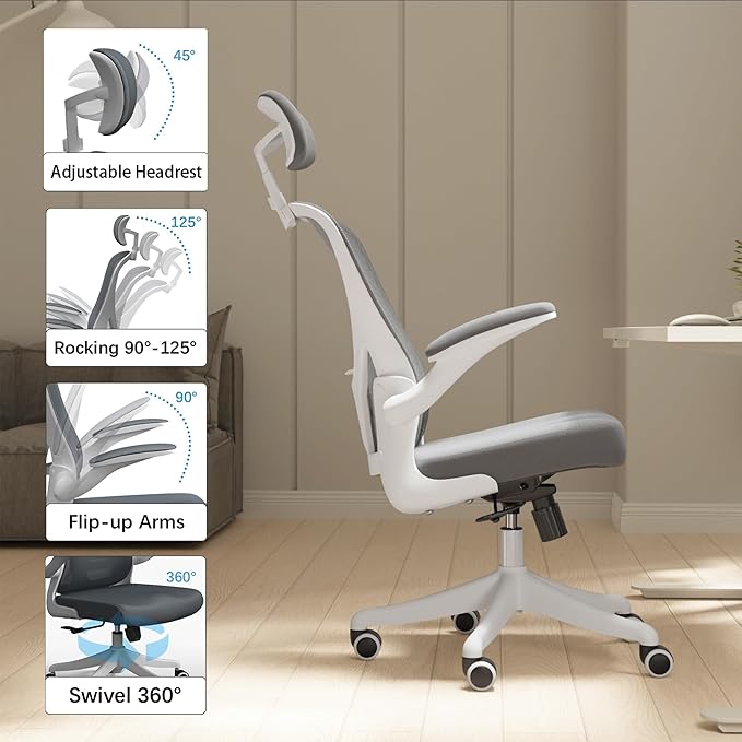 Ergonomic Office Chair with Adjustable Lumbar Support & Flip-Up Armrests - High Back Computer Desk Chair with Thickened Seat Cushion, Rolling Wheels for Home/Office Study Work