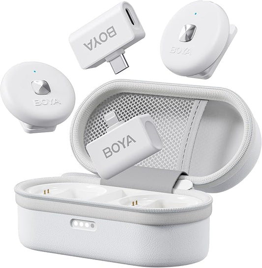 BOYA Omic Wireless Microphone for iPhone/Android with MFi Certified Lightning/USB-C Plug, Noise Reduction, 164ft 30H Battery Life with Charging Case, iPhone Microphone for Video Recording-White