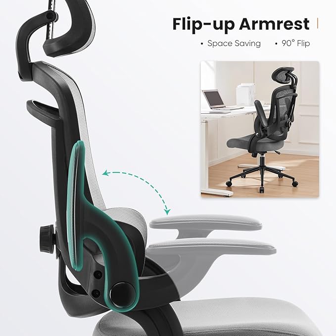 DUMOS Ergonomic Mesh Office Chair - High Back Executive Chair with 2D Headrest & Up&Down Lumbar Support | Adjustable Flip-Up Arms, 330lbs Heavy Duty for Home Office/Gaming
