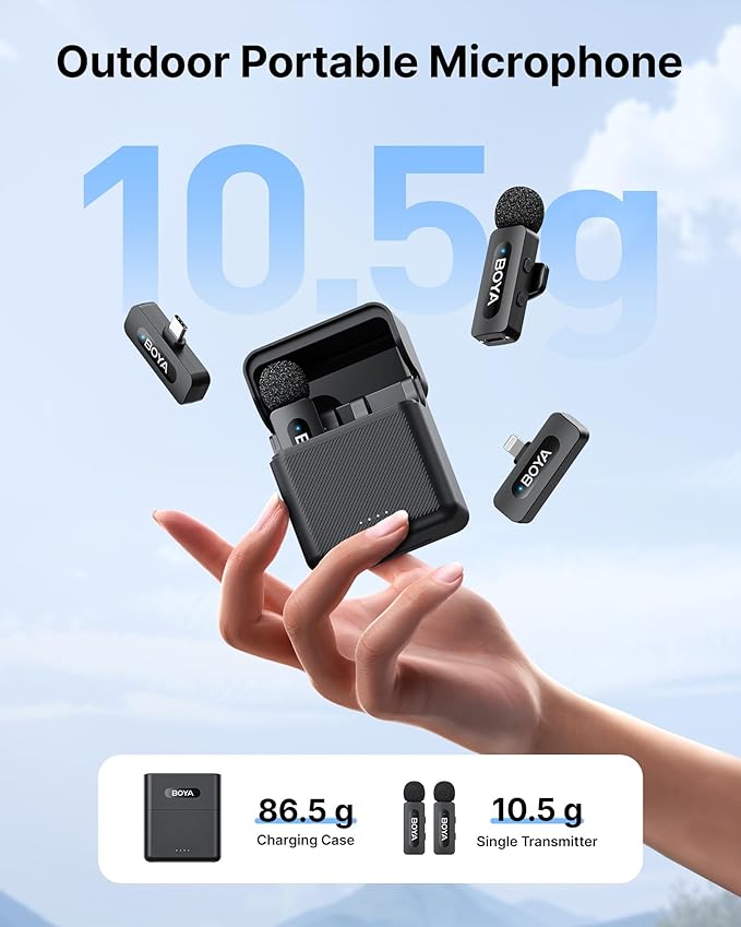 BOYA V3 Combo Wireless Microphone for iPhone/Andriod/PC/Laptop with USB-C/Lightning Port, 36H Battery Life with Charging Case, Noise Canceling Lapel Microphone Wireless Mini Mic for Video Recording