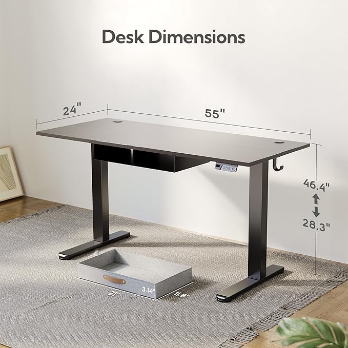 Seang Standing Desk with Drawer, 55" x 24" Height Adjustable Stand Up Desk, 3 Memory Height Settings with Cable Grommets & Storage Hooks, Ideal for Home & Office, Black