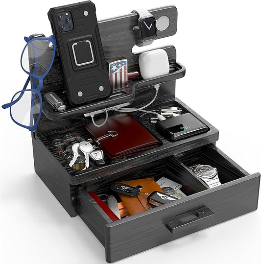 BarvA Phone Docking Station with Drawer Organizer | Night Stand Desk Charging Station | Upgraded Nightstand Organizer | Dresser Smart Watch Earbuds Phone Stand | Room Decor Gifts for Women Men Mom