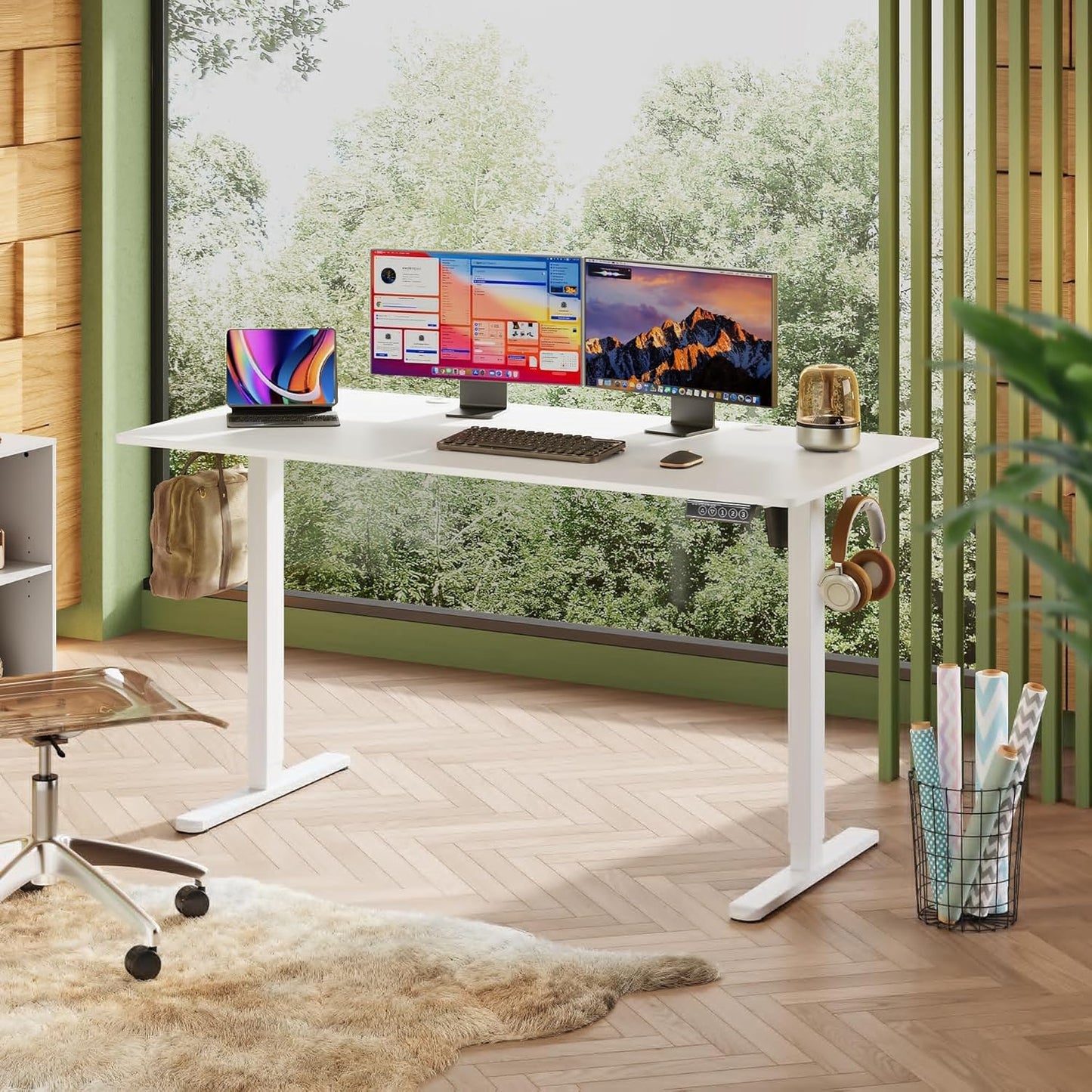 DEVAISE 55x28 Inch Whole Piece Standing Desk, Seamless Desktop Electric Standing Desk, Office Computer Desk with Adjustable Height, 3-Preset Memory Sit Stand up Desk for Home, Office (White)