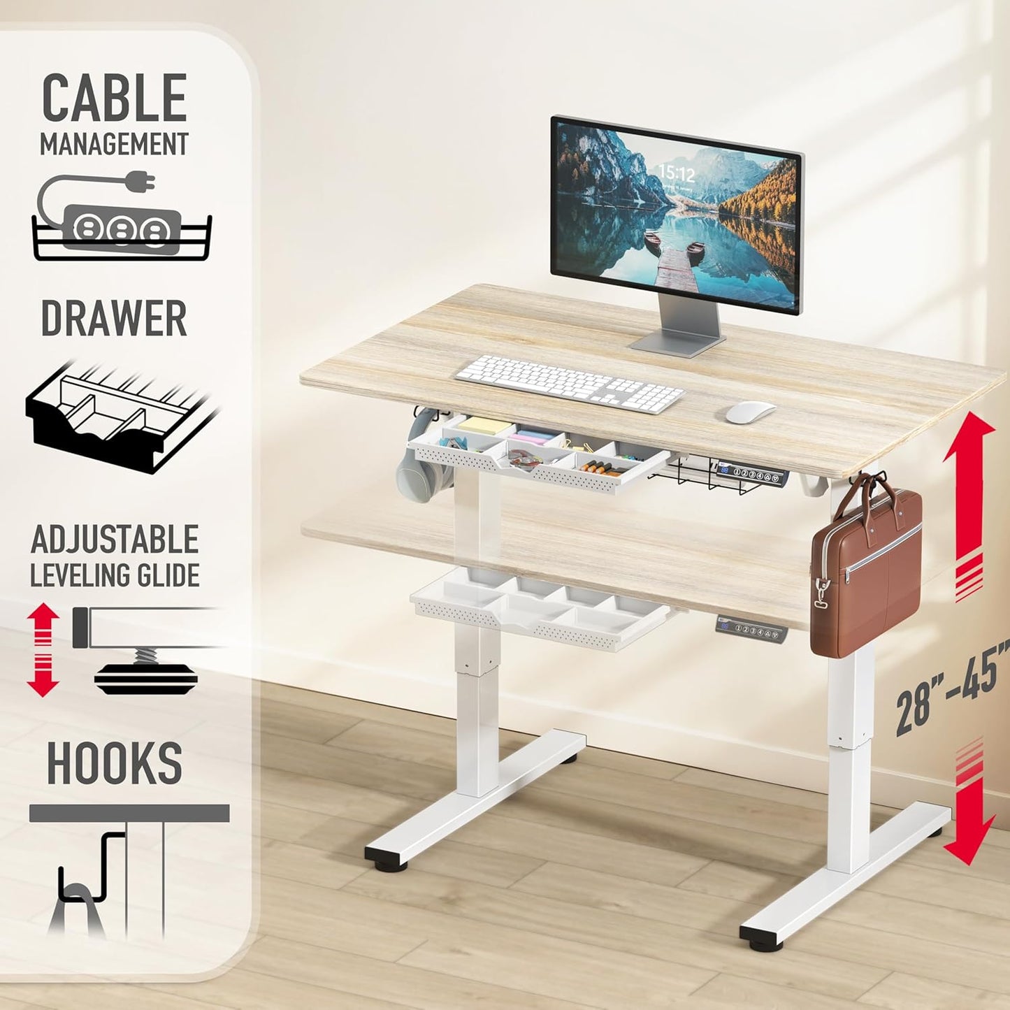 SHW 40-Inch Electric Height Adjustable Standing Desk with Drawer, Memory Preset and Cable Management Tray, Maple