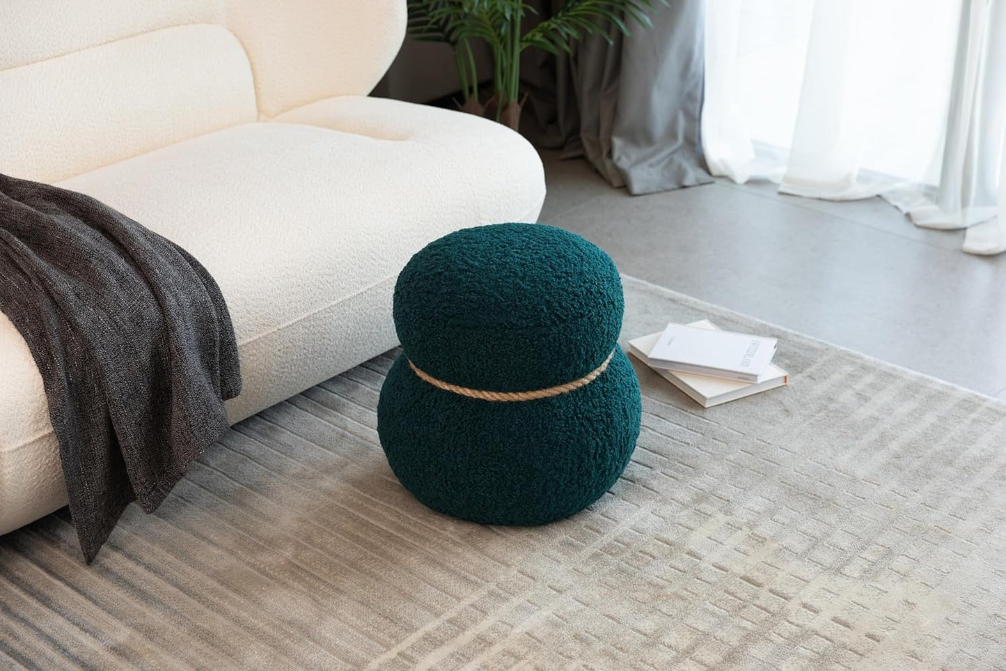 MEETAKING Small Round Foot Stool, Teddy Fabric Footrest Ottoman Stool with Non-Skid Legs, Modern Footstools Step for Couch, Desk, Office, Living Room (Green)
