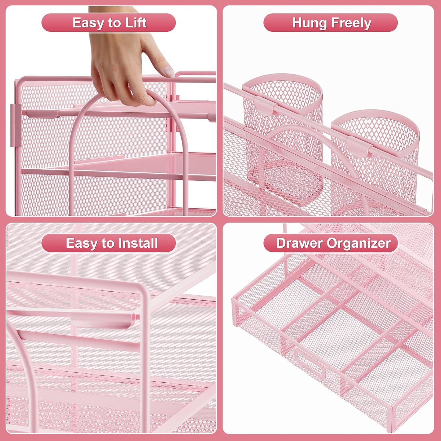 Marbrasse Desk Organizer and Accessories4-Tier Paper File Letter Tray Accessories & Workspace Desk Organizers with Drawer and 2 Pen Holders for School Home Office Supplies(Pink)