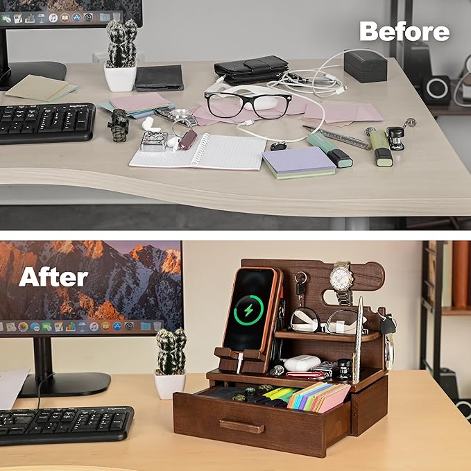 TESLYAR Wood Phone Docking Station with Drawer - Nightstand Organizer - Desk Organizer for Husband - Birthday Gifts for Men, Dad, Anniversary Idea, Key Holder Stand Watch & Accessories (Antique Brown)