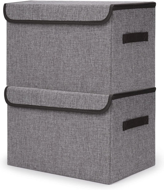 Large 42 Quarts Fabric Storage Bins with Lids [2-Pack] Linen Collapsible Foldable Storage Cubes, Closet Organizer Containers boxes with Handles for Home Office (16.7 x 12 x 12, Gray)