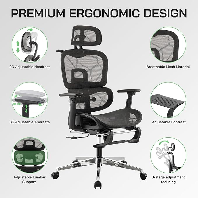 Mesh Ergonomic Office Chair,High Back Mesh Gaming Chair with Lumbar Support,Adjustable Headrest and Armrests for Home Office Desk Chair