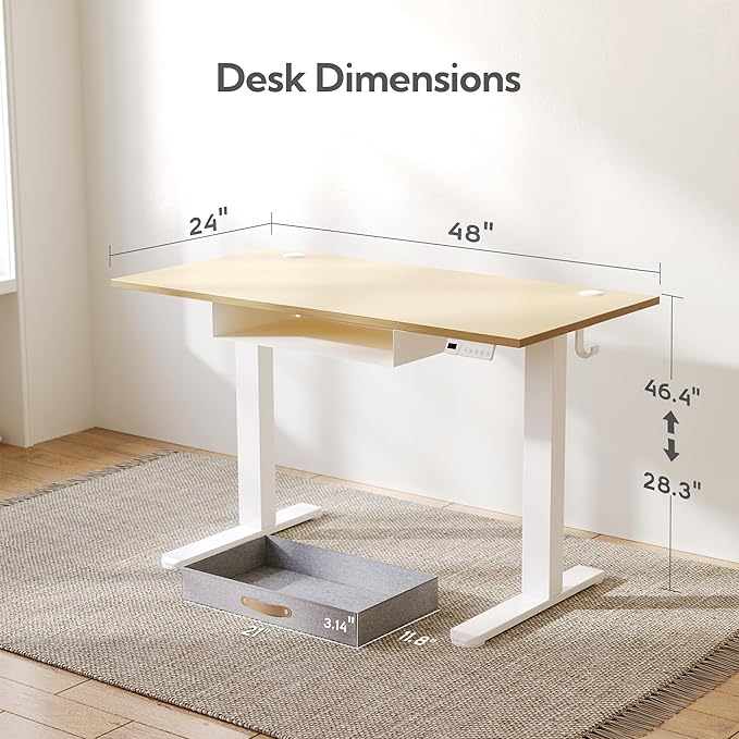 Seang Standing Desk with Drawer, 48" x 24" Height Adjustable Stand Up Desk, 3 Memory Height Settings with Cable Grommets & Storage Hooks, Ideal for Home & Office, Nature