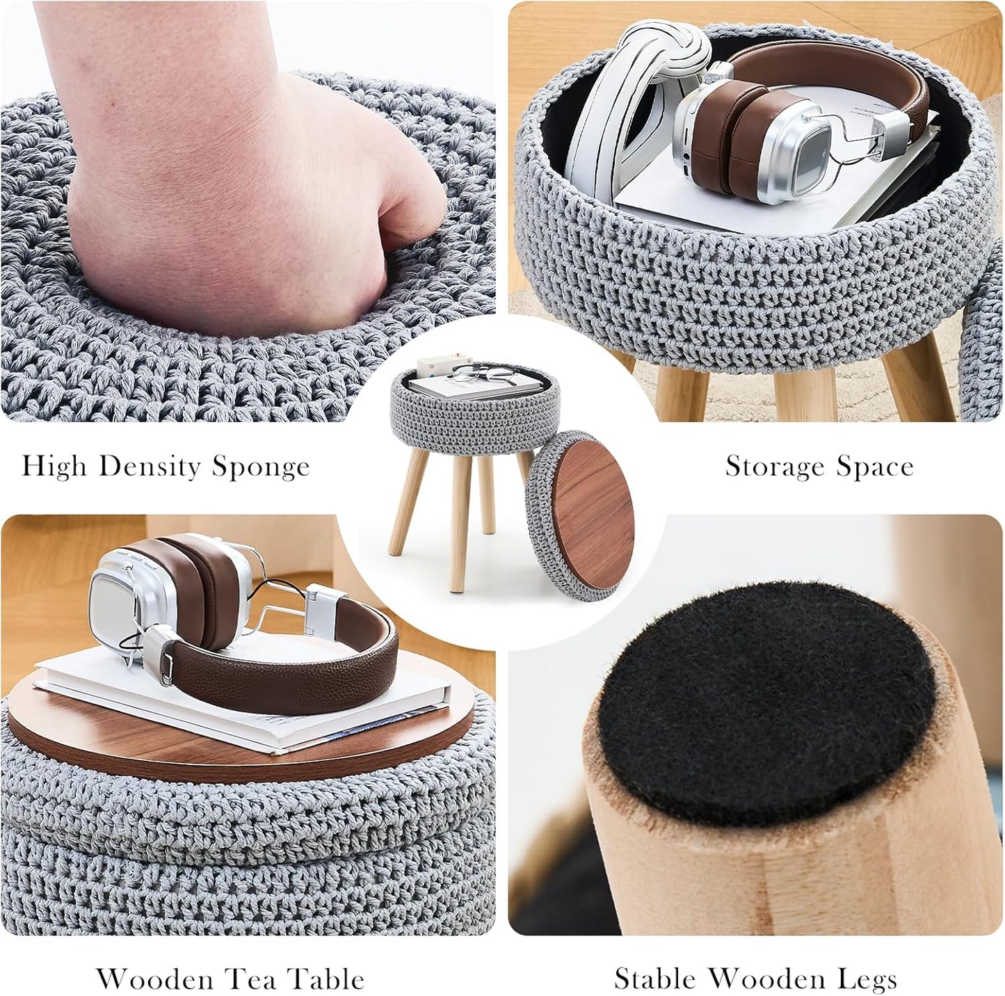 Round Foot Stool Ottoman with Storage Footrest with Wood Legs Cotton Knitted Vanity Stool Tray Top Coffee Table Multifunctional Upholstered Footstool for Living Room Bedroom Grey