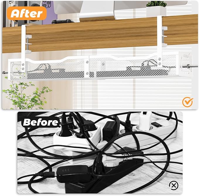 Under Desk Cable Management Tray, 15.7'' No Drill Steel Desk Cable Organizers, Wire Management Tray Cable Management Rack (24.4" Length-White)