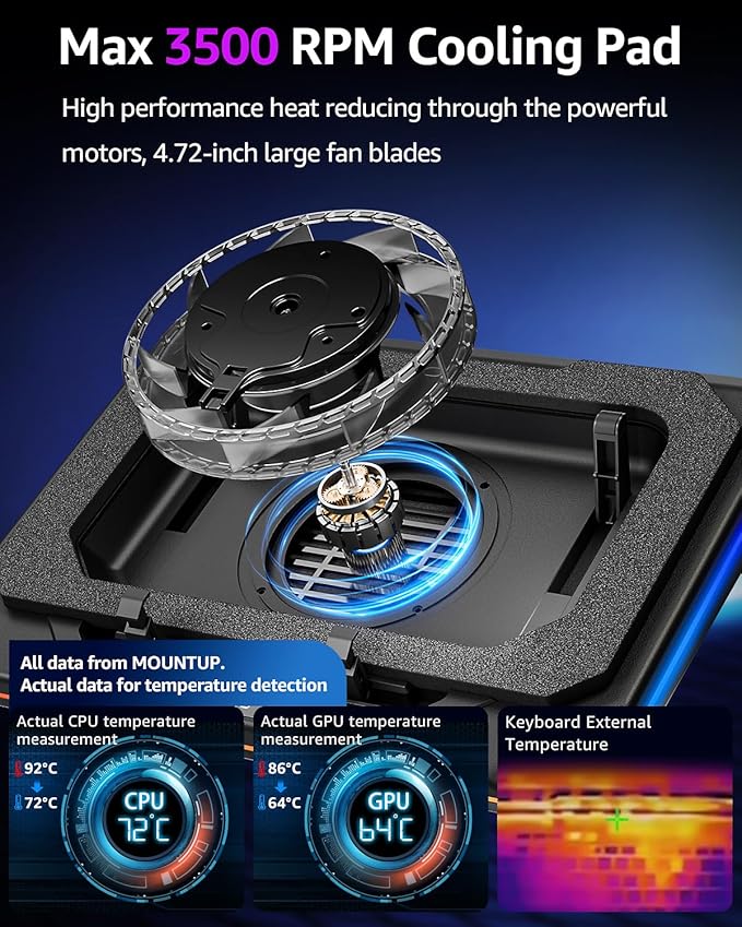 MOUNTUP RGB Laptop Cooling Pad for 13-19 Inch, Max 3500RPM Gaming Laptop Cooler, Cooling Pad Stand with Touch Switch to Control Speed, Laptop Fan Cooling Pad with Powerful 4.72 Inch Turbo Fan