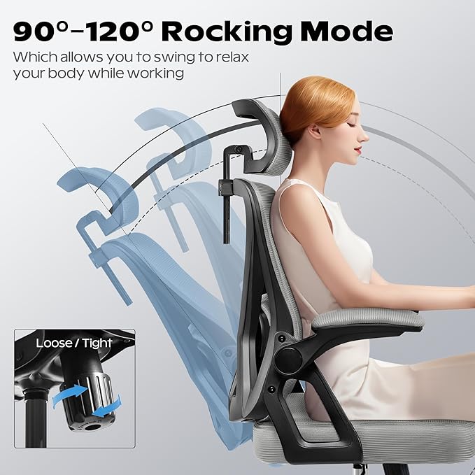 Ergonomic Office Chair, Home Office Desk Chair with Headrest, High Back Mesh Chair with Flip-up Armrests, Comfy Desk Chair with Lumbar Support, Rolling Swivel Task Computer Chair for Home Office