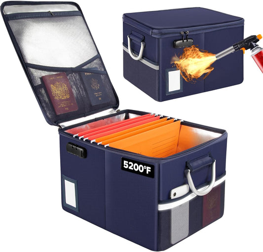 TOMKID 5200°F Fireproof Document Box, Fire Important Document Organizer with Lock, Upgraded Heat Insulated Filing Storage Cabinet Office Organization (5200°F Fireproof Box, Blue)