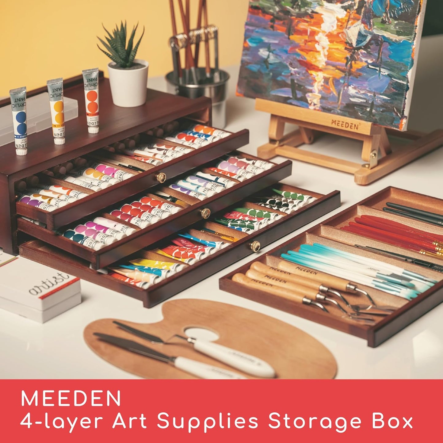 MEEDEN 4-drawer Wood Artist Supply Storage Box, Portable Beechwood Multifunctional Pencil Brush Organizer Wood Box with Drawer&Compartments for Pastels, Pencils, Pens, Makeup Brushes(Mahogany Color)