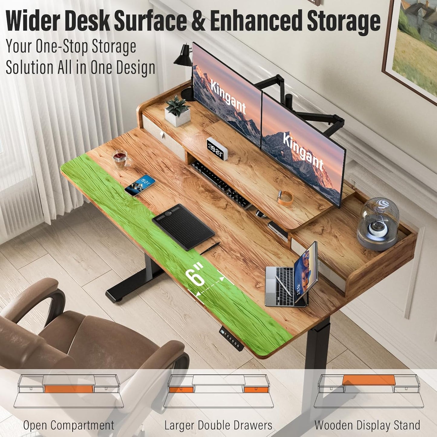 Standing Desk with Drawers,Thickened Table Legs Sit Stand Desk Electric for Home Office & Gaming,Ergonomic Stand Up Desk Cable Management Tray(Classic Black) (Light Rustic Brown, 48″ x 30″)