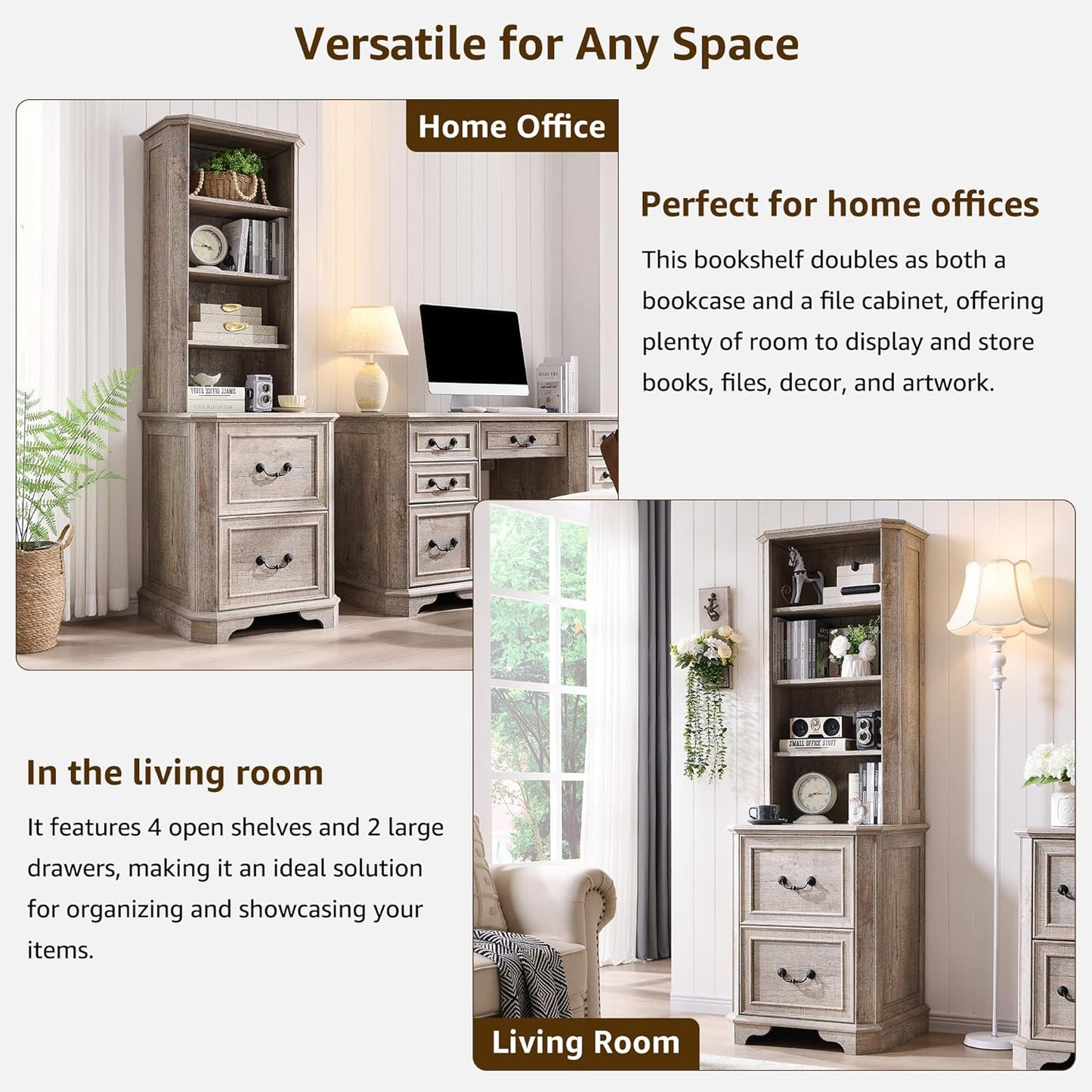 T4TREAM 6-Tier Bookcase with 2 File Drawers, 72" Tall Farmhouse Bookshelf with Storage & Adjustable Shelves, Wooden Floor Standing Display Book Shelf Organizer for Home Office, Light Rustic Oak