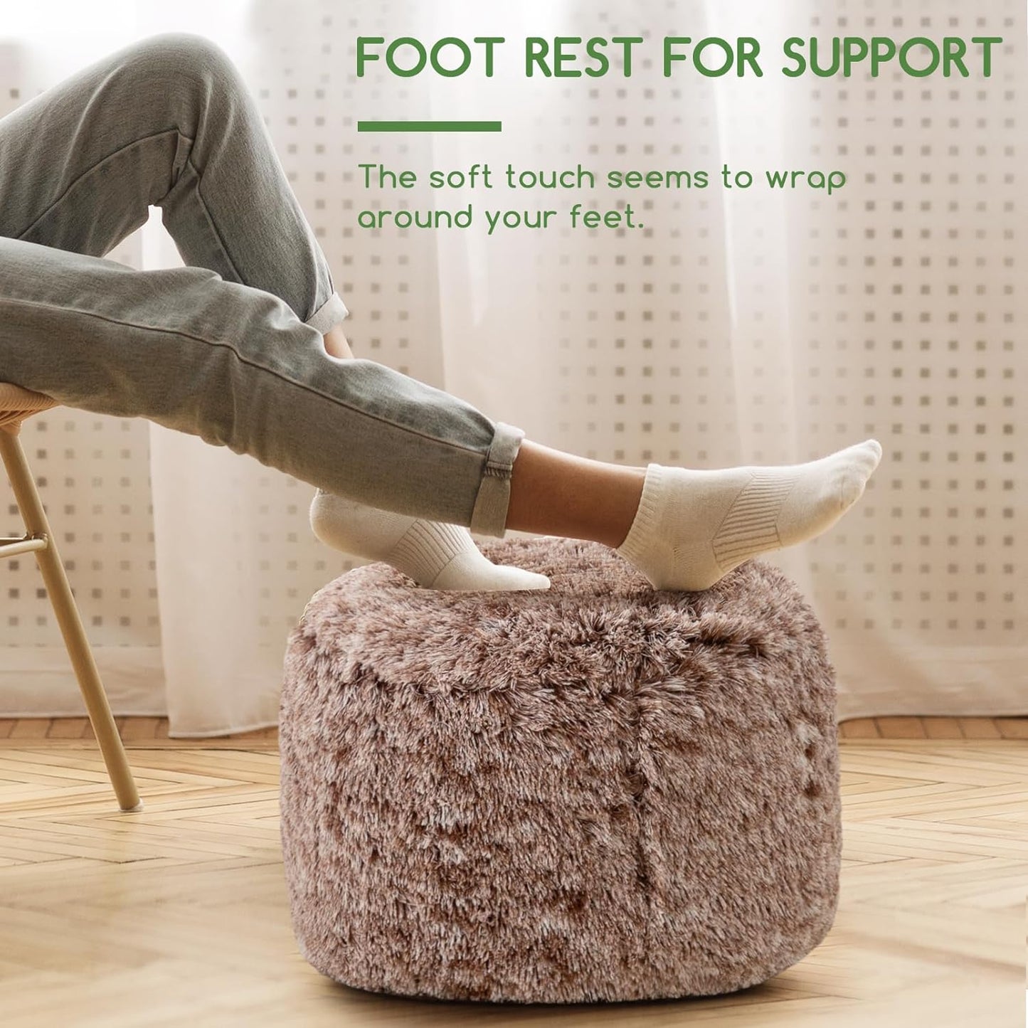 HIGOGOGO Round Stuffed Pouf Ottoman, Long Faux Fur Poufs with Foam Chunk Filling, Fluffy and Furry Pouf Foot Stool Storage Ottoman, 20 X 15 Floor Poufs Foot Rest for Living Room, Snow Coffee