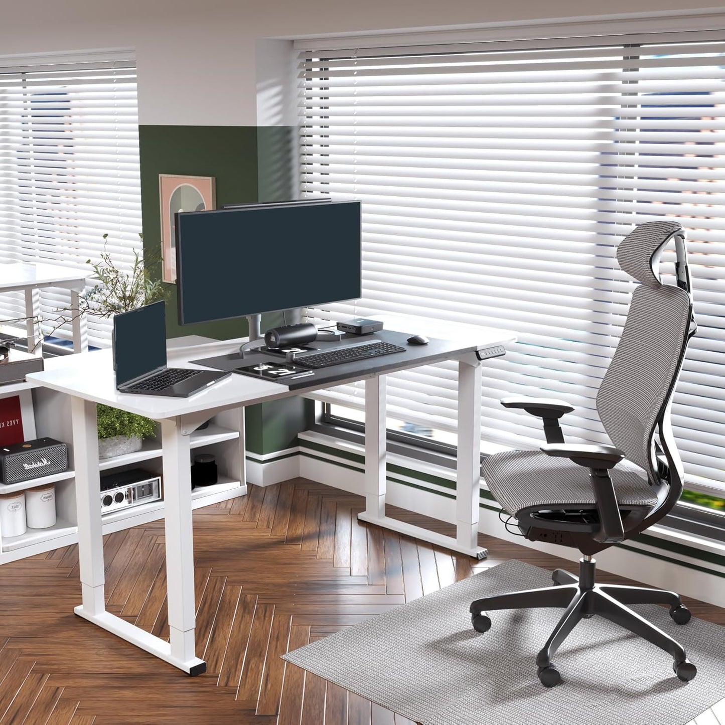 SANODESK 4-Leg Standing Desk, Electric Height Adjustable Desk with Memory Presets for Home Office, Stand up Desk Computer Workstation, 63x28 Inches White