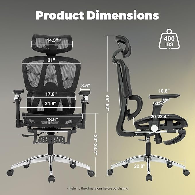 Mesh Ergonomic Office Chair with 6D Armrests,High Back Mesh Gaming Chair with Lumbar Support,Adjustable Seat Depth,3D Headrest,Footrest for Big & Tall