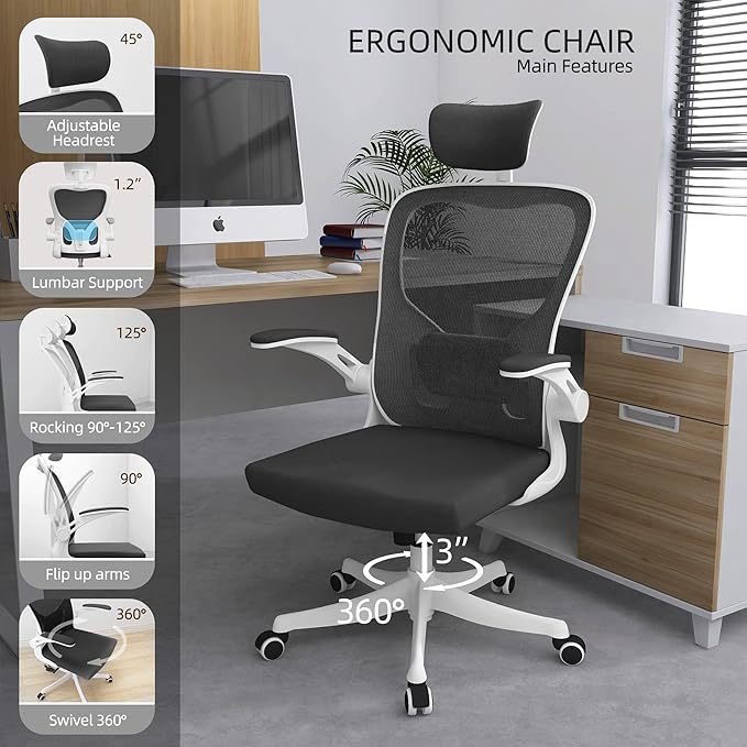 Monhey Office Chair, Ergonomic Office Chair with Lumbar Support & 3D Headrest & Flip Up Arms Home Office Desk Chairs Rockable High Back Swivel Computer Chair White Frame Black Mesh Study Chair