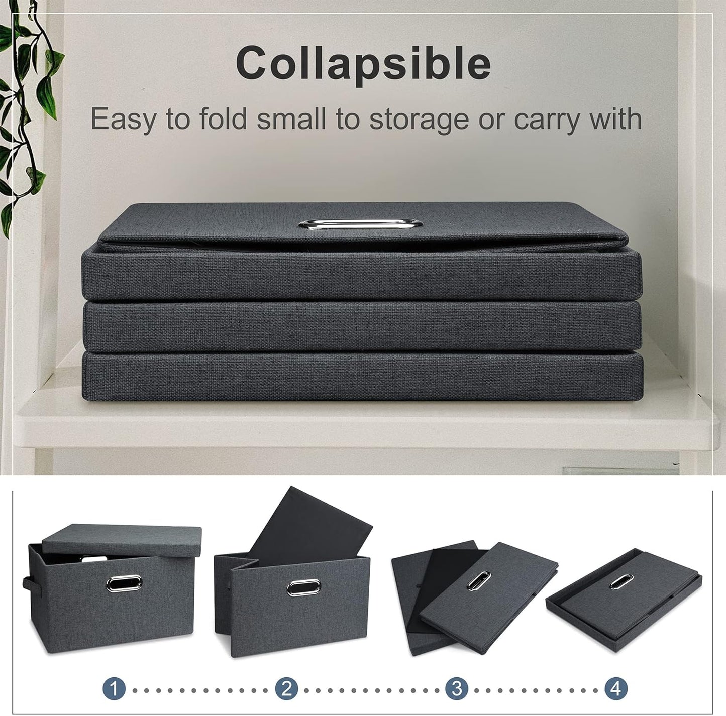 Medium 15" 21 Quart Collapsible Stackable Storage Bins with Lids, 5 Packs Dark Gray Foldable Fabric Closet Storage Boxes with Lids, Lidded Heavy-duty Linen Baskets(15x11x8)