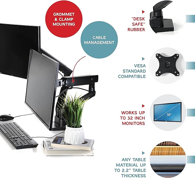 Dual Monitor Stand, Dual Monitor Arm, Dual Monitor Mount vesa Mount, up to 32 inch Monitor Desk Mount, soporte Monitor arms & Monitor Stands for 2 Monitors, Dual Monitor Riser Stand