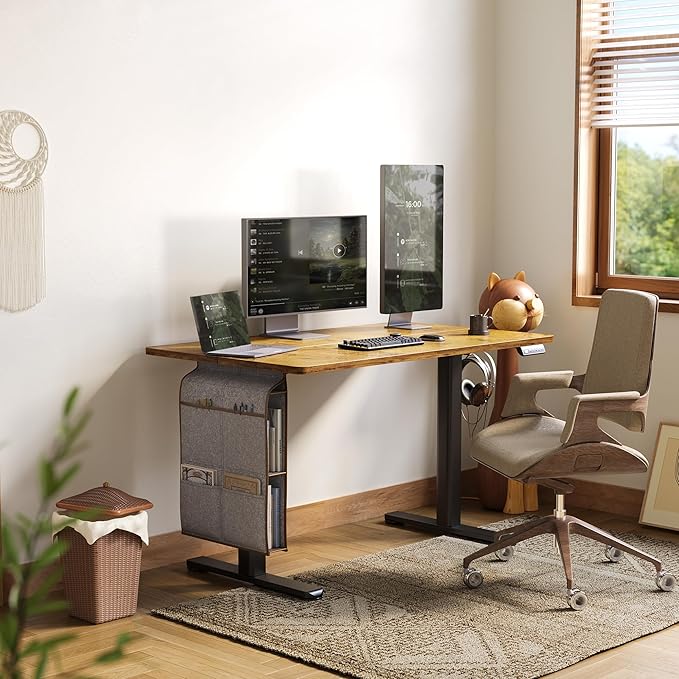 Claiks Electric Standing Desk Adjustable Height with Spacious Storage Bag, 48x24 Inch Stand Up Desk with Headphone Hook, Sit Stand Table for Home Office Computer Workstation, Rustic Brown