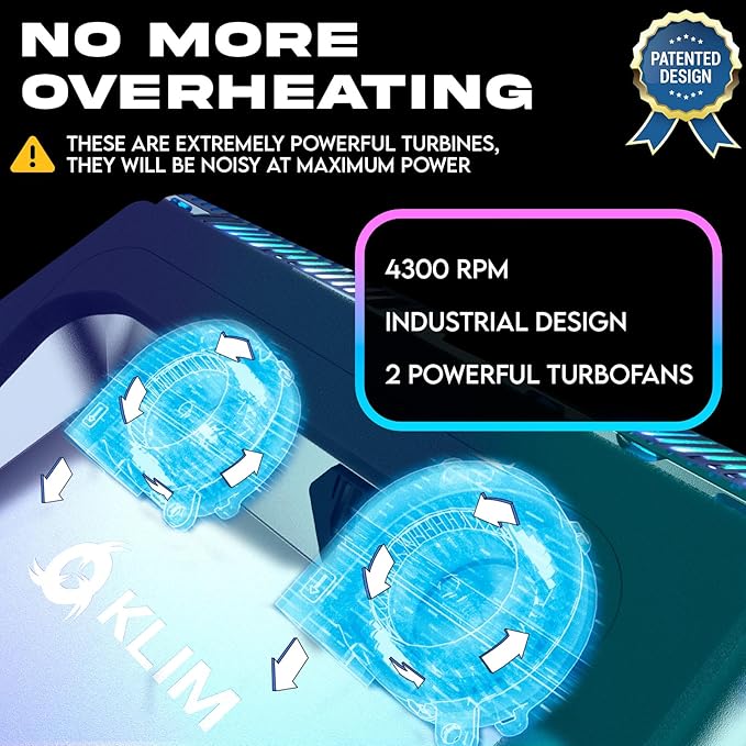 KLIM Everest Laptop Cooling Pad | Powerful 4300 RPM Turbo Fans | Sealed Foam for Maximum Cooling | Protect Your Gaming Laptop from Overheating | Fits 14” to 17.3” Laptops | RGB Lights