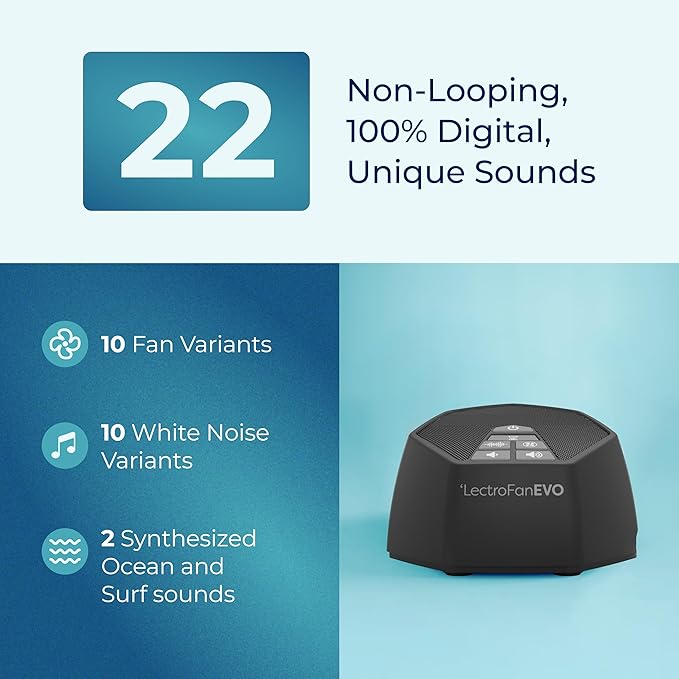 Adaptive Sound Technologies LectroFan EVO White Noise Machine - Compact Sleep Sound Machine for Bedroom, Travel, Study & More - 22 Non-Looping Fan, White & Ocean Noise Variations - Charcoal