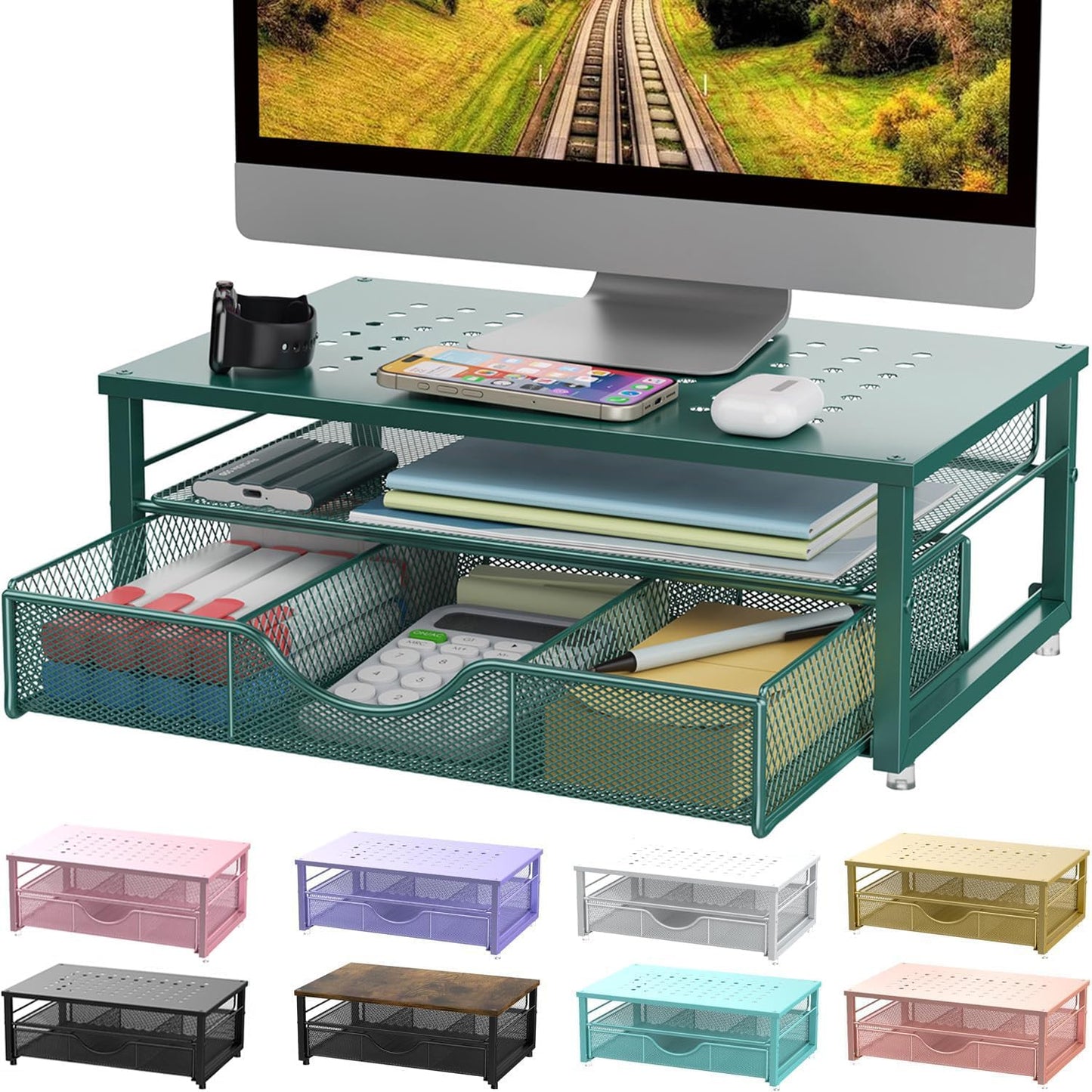 gianotter Computer Monitor Stand Riser, office organizer with Drawer, Office Organizers Storage for Classroom Office Supplies (Dark Green)