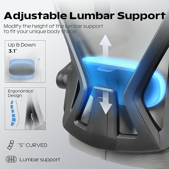 Ergonomic Office Chair, Home Office Desk Chair with Headrest, High Back Mesh Chair with Flip-up Armrests, Comfy Desk Chair with Lumbar Support, Rolling Swivel Task Computer Chair for Home Office