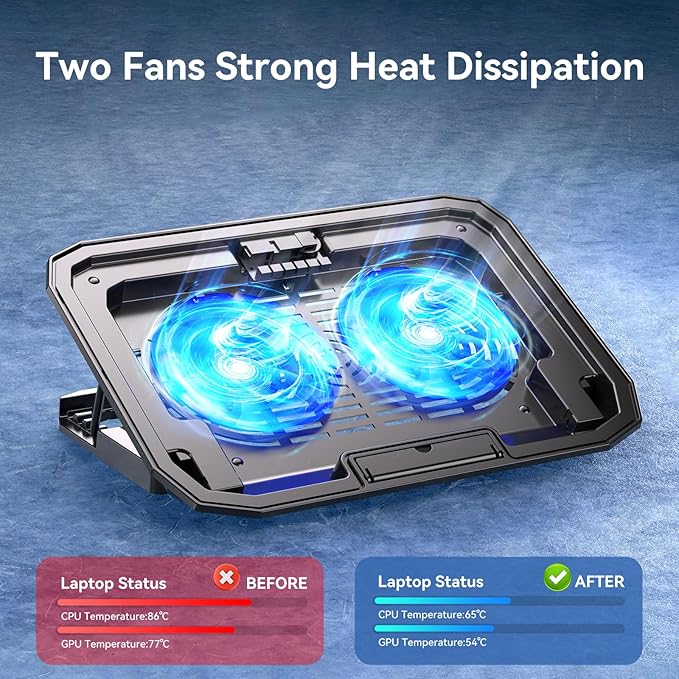 Ultra Slim Laptop Cooling Pad with 2 Quiet Big Fans, 5 Height Adjustable Ergonomic Stand, Portable Cooler for 10-15.6 Inch Laptops, Speed Control and 2 USB Ports