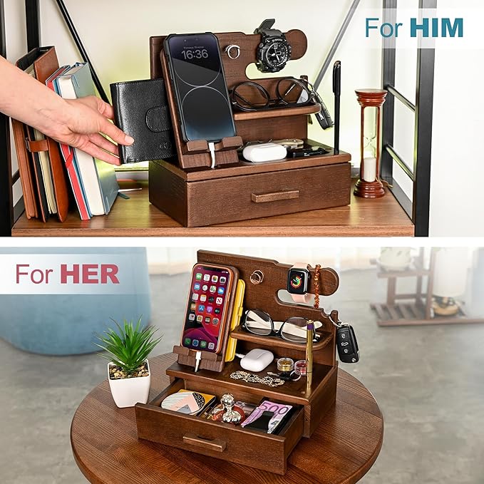 TESLYAR Wood Phone Docking Station with Drawer - Nightstand Organizer - Desk Organizer for Husband - Birthday Gifts for Men, Dad, Anniversary Idea, Key Holder Stand Watch & Accessories (Antique Brown)