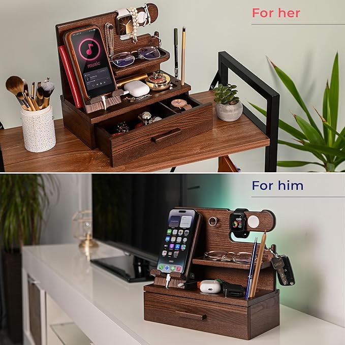 TESLYAR Wood Phone Docking Station with Drawer - Nightstand Organizer - Desk Organizer for Husband - Birthday Gifts for Men, Dad, Anniversary Idea, Key Holder Stand Watch & Accessories (Bourbon Brown)