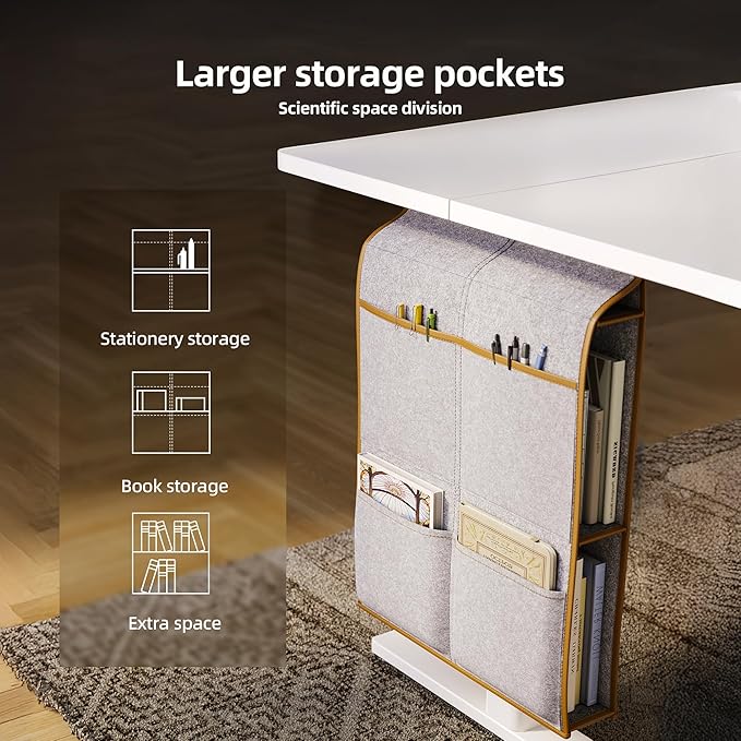 Claiks Electric Standing Desk Adjustable Height with Spacious Storage Bag, 48x24 Inch Stand Up Desk with Headphone Hook, Sit Stand Table for Home Office Computer Workstation, White