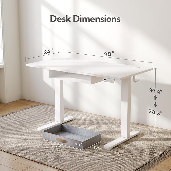 Seang Standing Desk with Drawer, 48" x 24" Height Adjustable Stand Up Desk, 3 Memory Height Settings with Cable Grommets & Storage Hooks, Ideal for Home & Office, White