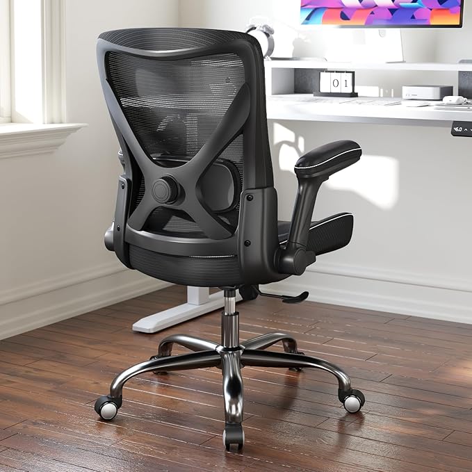 Ergonomic Office Chair-Computer PU Leather X-Shaped Desk Chair-Gaming Chair with Adjustable Flip-up Armrests Lumbar Support Mesh Executive Chair for Long Hours Office (Black)