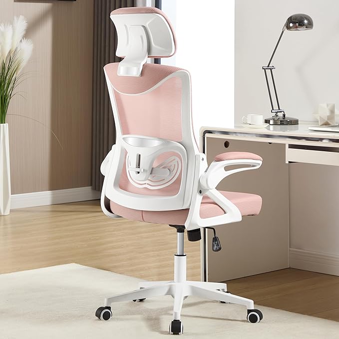Fizzin Ergonomic Office Chair,Ergonomic Desk Chair with Headrest Pink Computer Chair with High Back Adjustable Lumbar Support, Rolling Swivel Chairs with Wheel Armrests for Home Office(Pink)