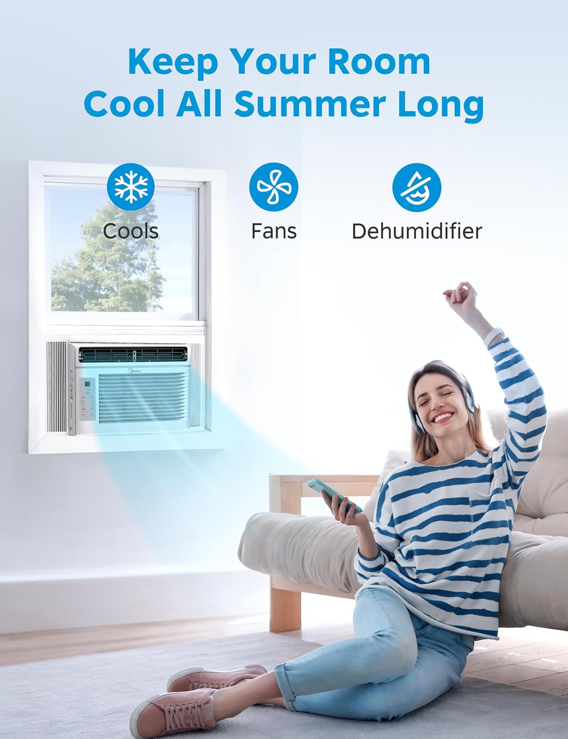 Midea MAW05R1JWT-B Electronic 5K 5,000 BTU, 3-in-1 Fan/Dehumidifier Window AC Unit, Easycool Air Conditioner with Remote Control, Cools up to 150 Sq. Ft, Fits Bedroom, Study, Office, White