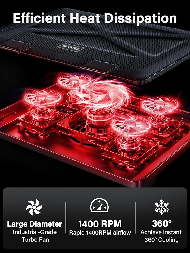 Kootek Laptop Cooling Pad, Laptop Cooler with 5 Quiet Fans for 12"-17" Computer PC Notebook Gaming Laptop Fan, Height Adjustable Laptop Cooling Stand Laptop Accessories, Red